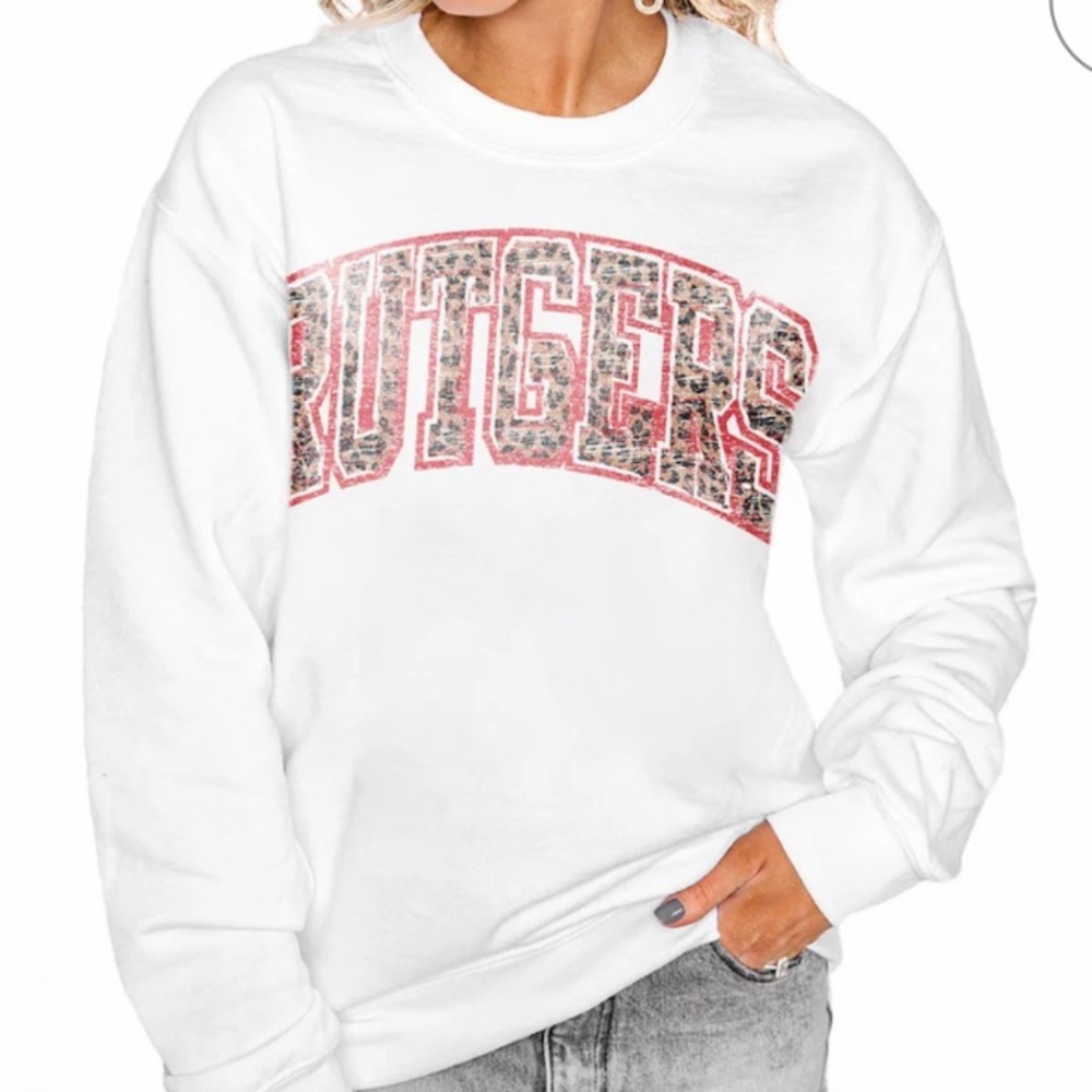 Rutgers CREAM Leopard-Accent Crewneck Sweatshirt!! M